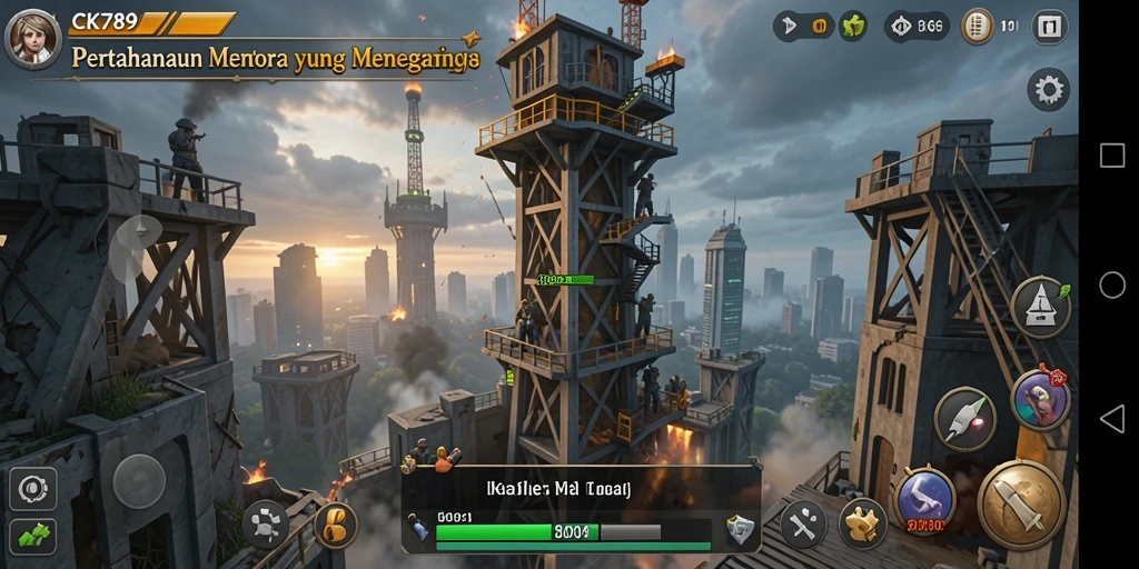 Screenshot gameplay CK789 menampilkan serangan menara menghadapi gelombang musuh.