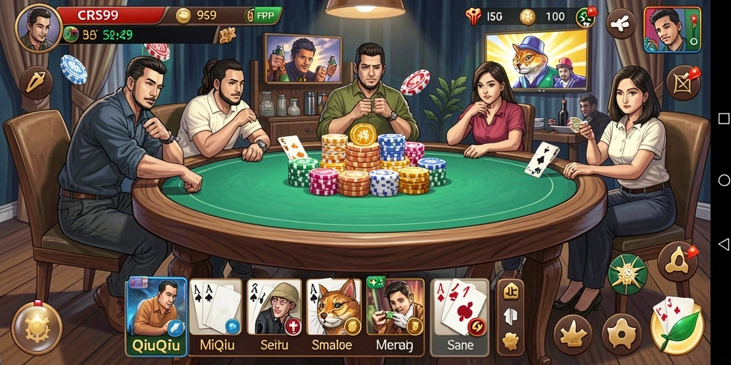 Tampilan gameplay seru dalam CRS99 dengan kartu QiuQiu.