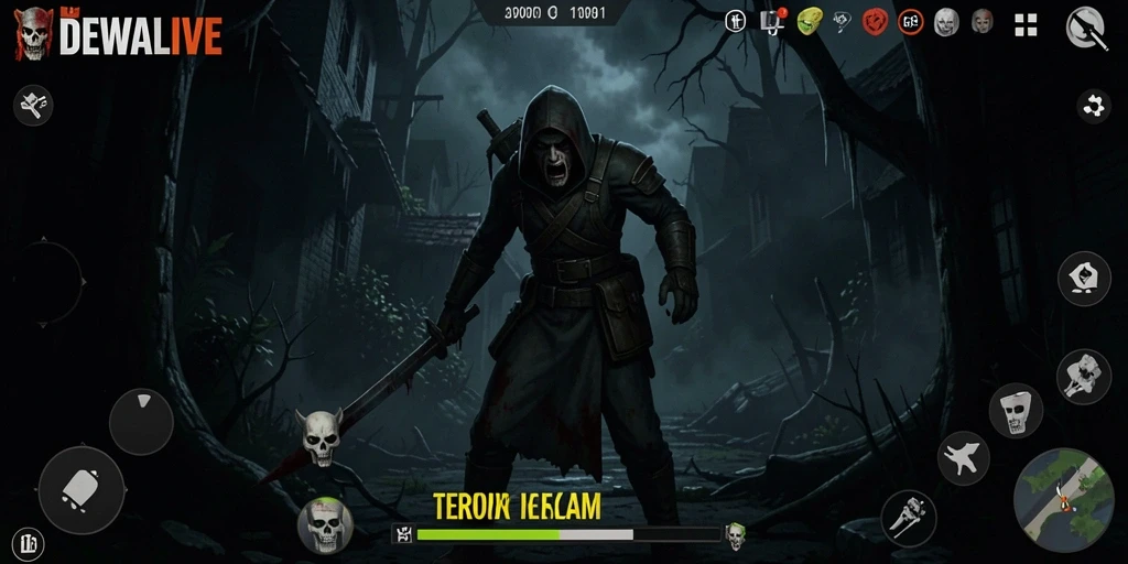 Screenshot gameplay DEWALIVE yang menampilkan momen mencekam dalam suasana horor.