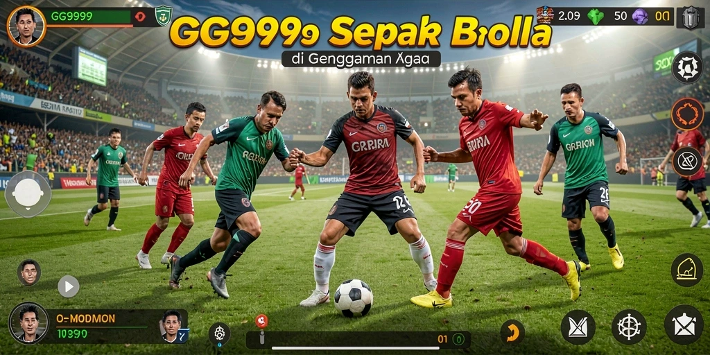 Tampilan dinamis gameplay GG999 dengan aksi sepak bola yang seru.