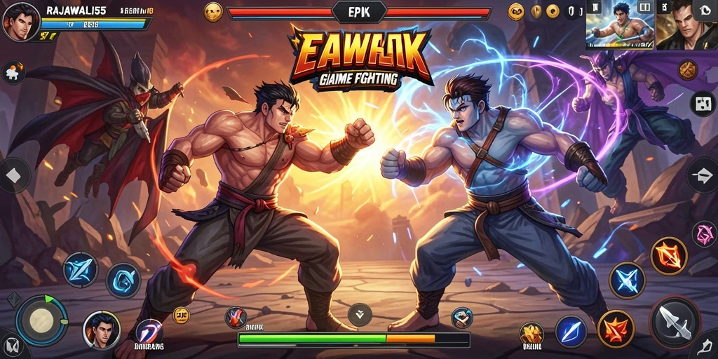 Screenshot gameplay RAJAWALI55 menampilkan pertarungan yang intens dan karakter yang beragam.