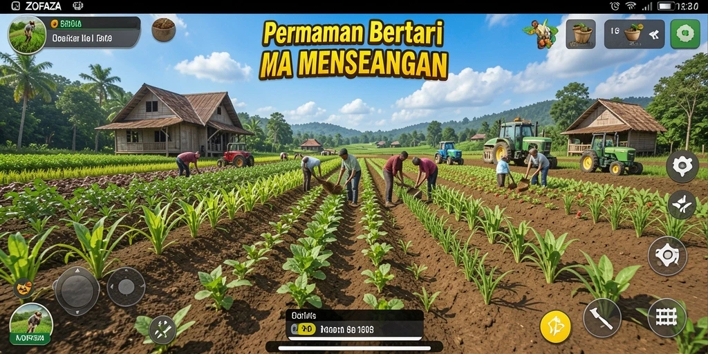 Screenshot gameplay ZOFAZA menampilkan ladang yang subur dan aktivitas bertani.